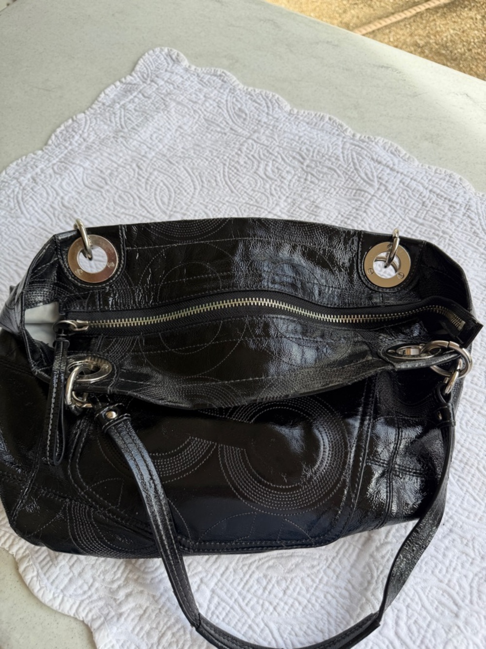 Coach Black Patent Leather Tote with Signature Medallion - Picture 11 of 14